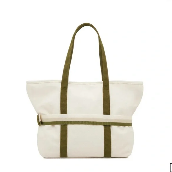 NEW Ivory/Green Canvas Tote With Travel Band - Picture 4 of 7